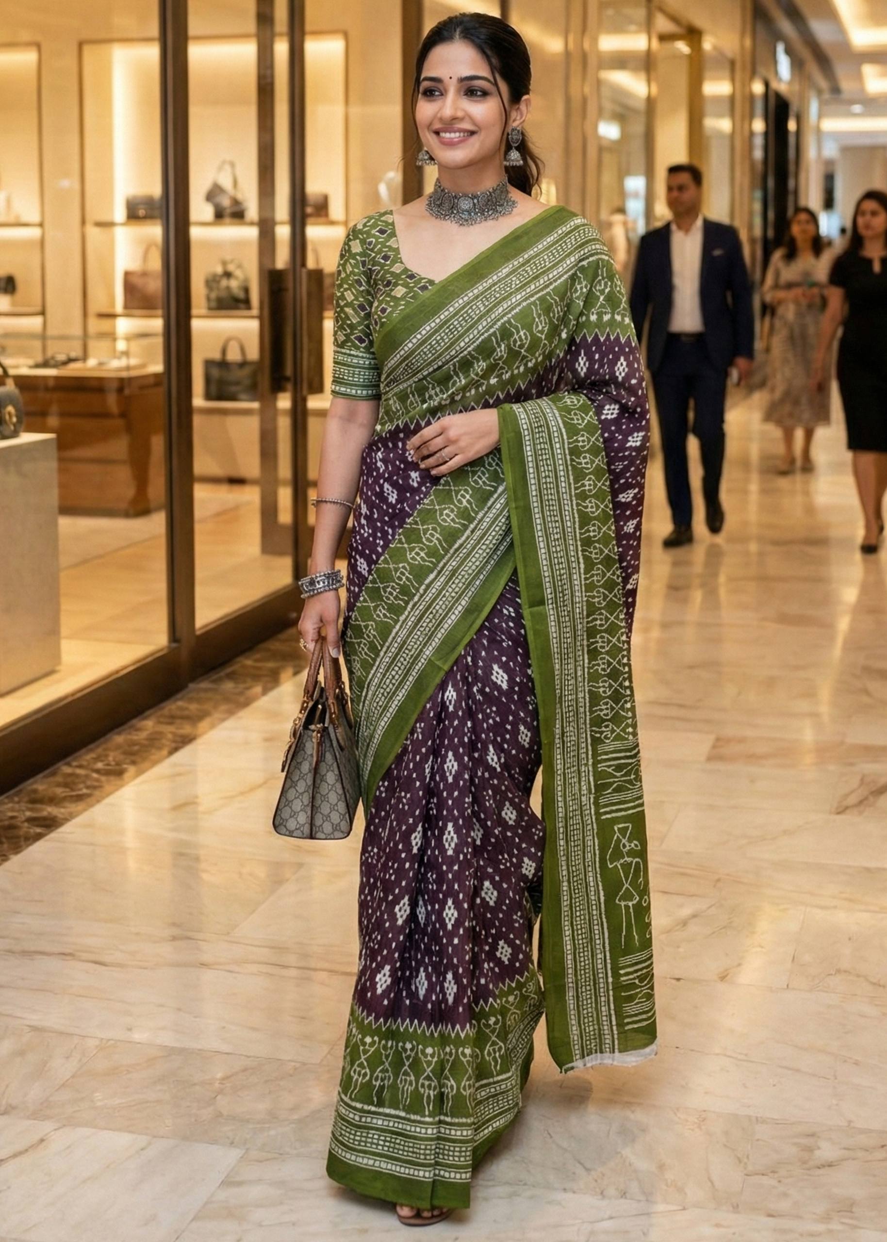 PURE MULMUL COTTON POCHAMPALLY IKKAT PRINT PURPLE SAREE WITH BLOUSE