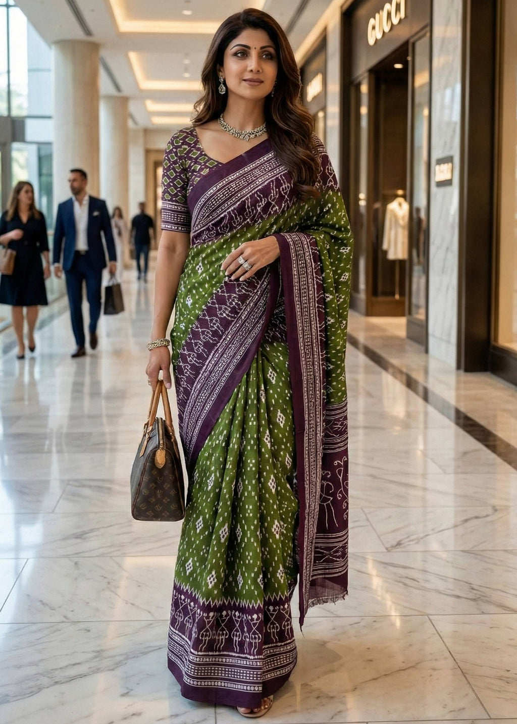 PURE MULMUL COTTON POCHAMPALLY IKKAT PRINT GREEN SAREE WITH BLOUSE