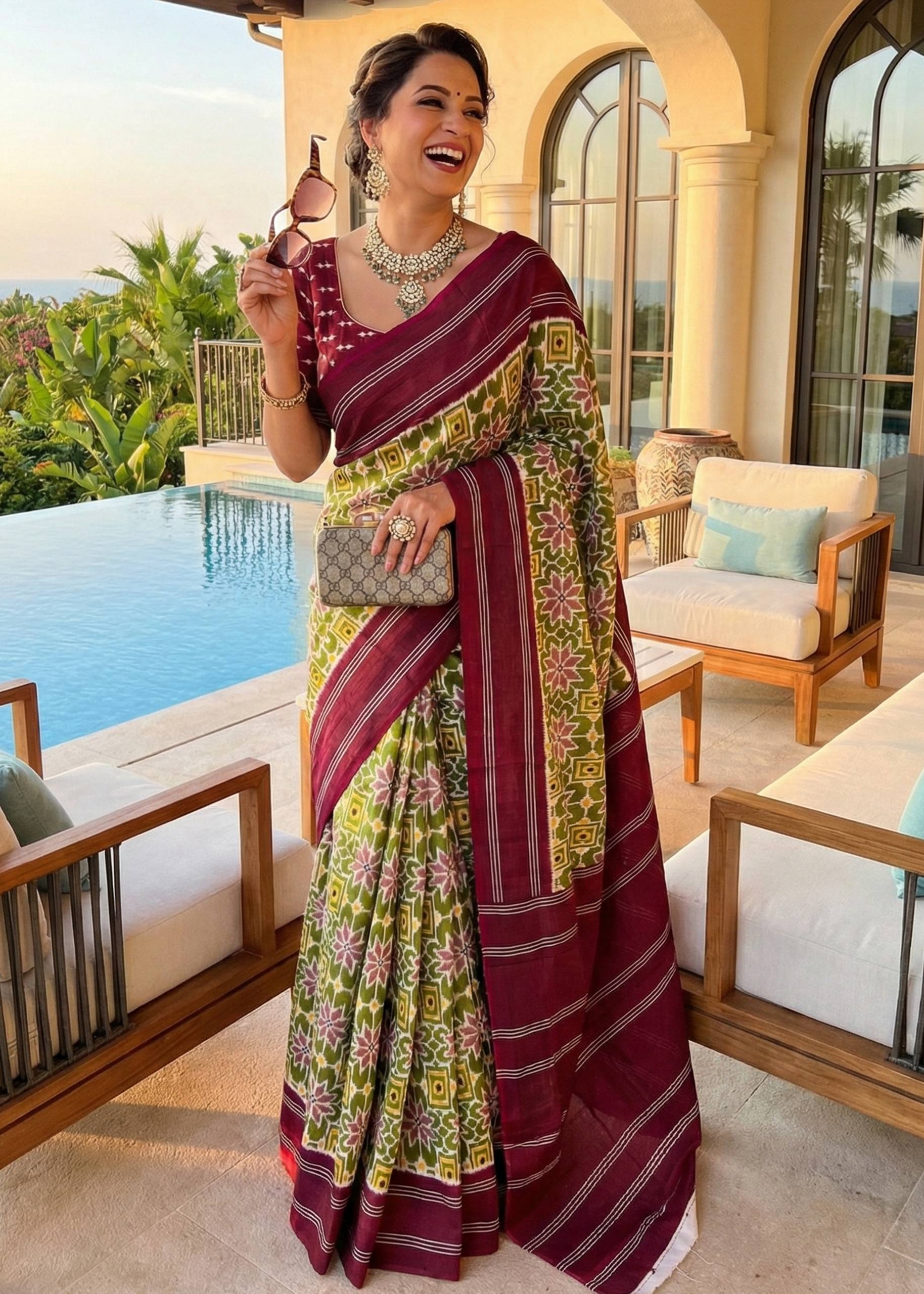 PURE MULMUL COTTON IKKAT PRINT MEHANDI GREEN SAREE WITH BLOUSE
