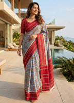 PURE MULMUL COTTON IKKAT PRINT BLUE SAREE WITH BLOUSE