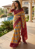PURE MULMUL COTTON IKKAT PRINT YELLOW SAREE WITH BLOUSE