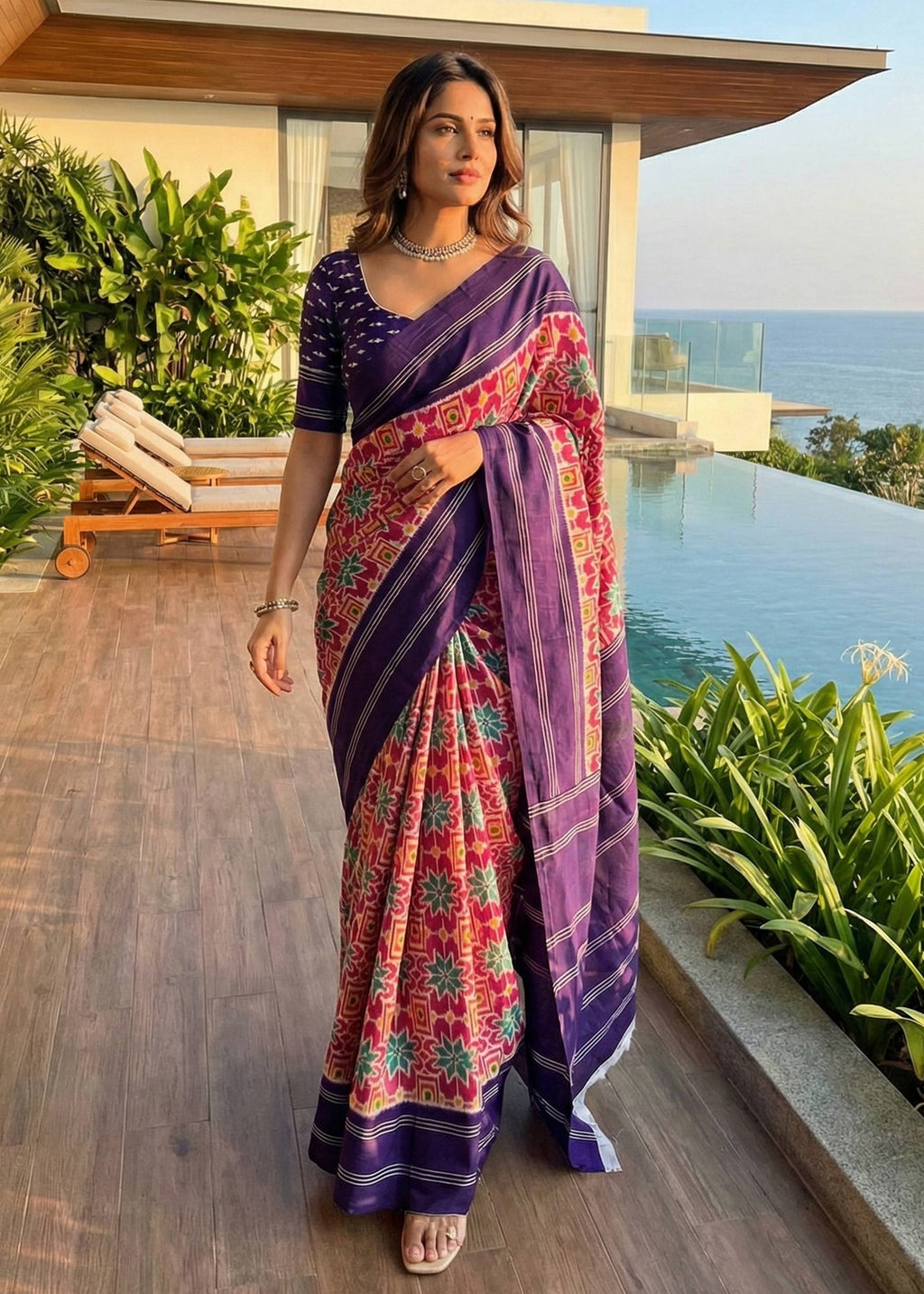 PURE MULMUL COTTON IKKAT PRINT RED SAREE WITH BLOUSE