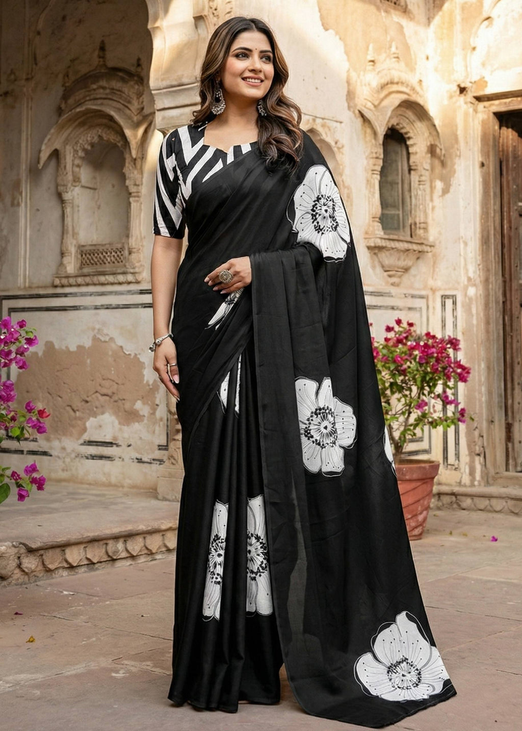 PURE MULMUL COTTON HAND BLOCK PRINT FLOWER TEST BLACK SAREE WITH BLOUSE