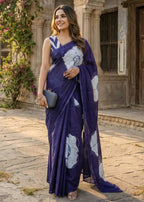 PURE MULMUL COTTON HAND BLOCK PRINT FLOWER TEST NEVY BLUE SAREE WITH BLOUSE