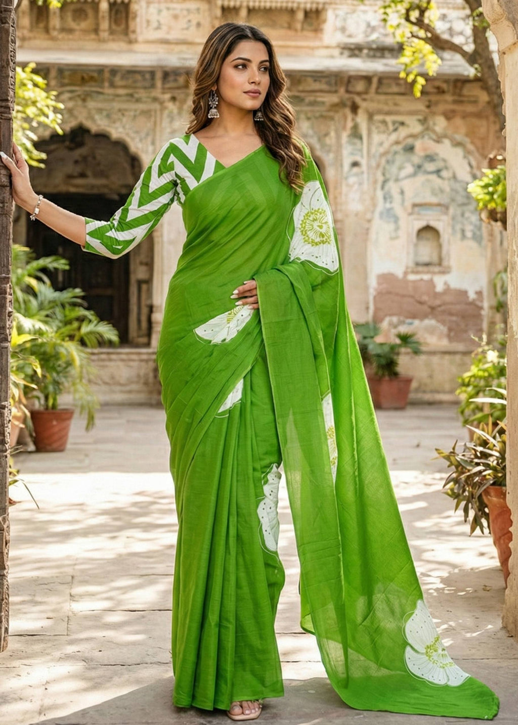 PURE MULMUL COTTON HAND BLOCK PRINT FLOWER TEST GREEN SAREE WITH BLOUSE