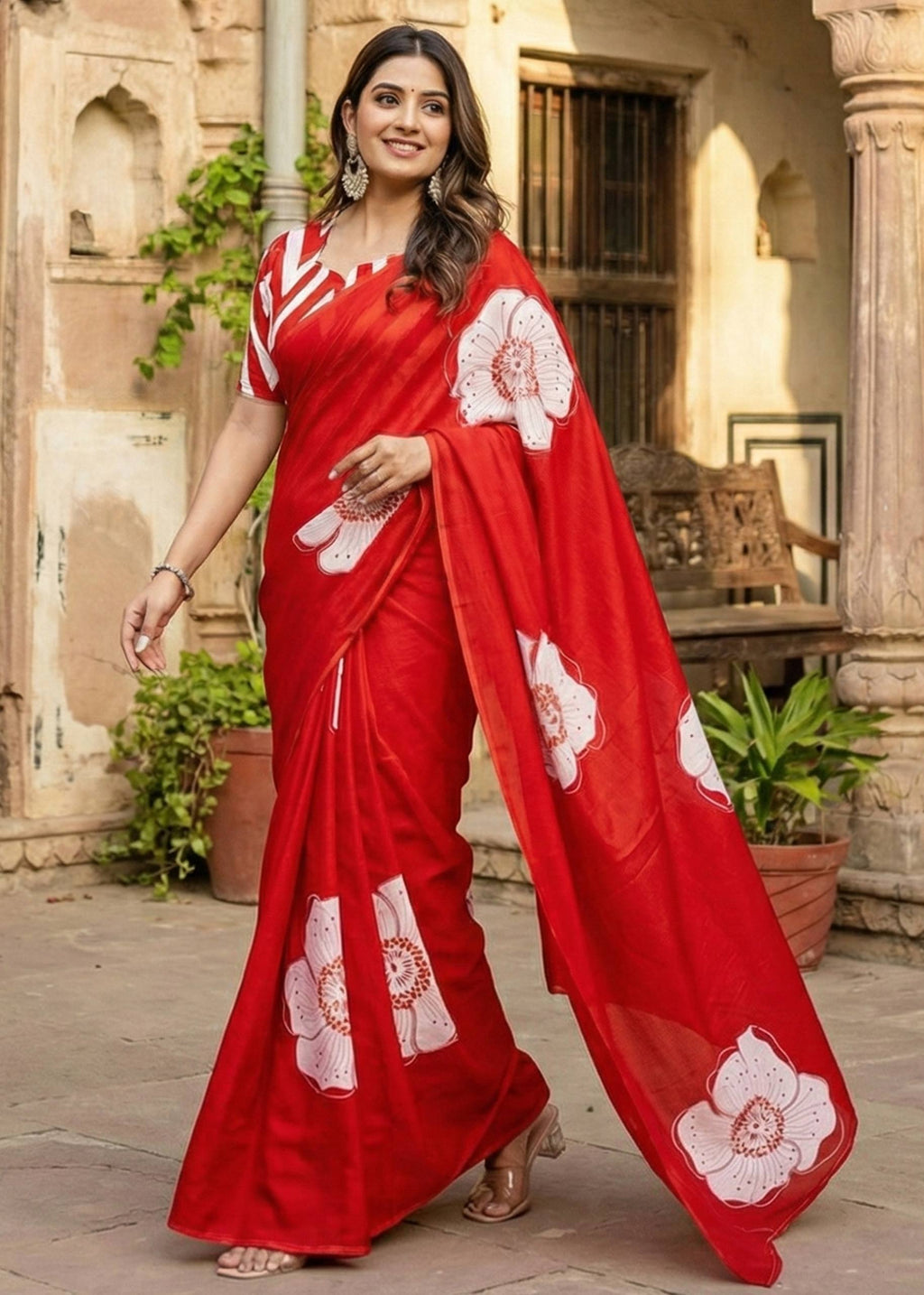 PURE MULMUL COTTON HAND BLOCK PRINT FLOWER TEST RED SAREE WITH BLOUSE