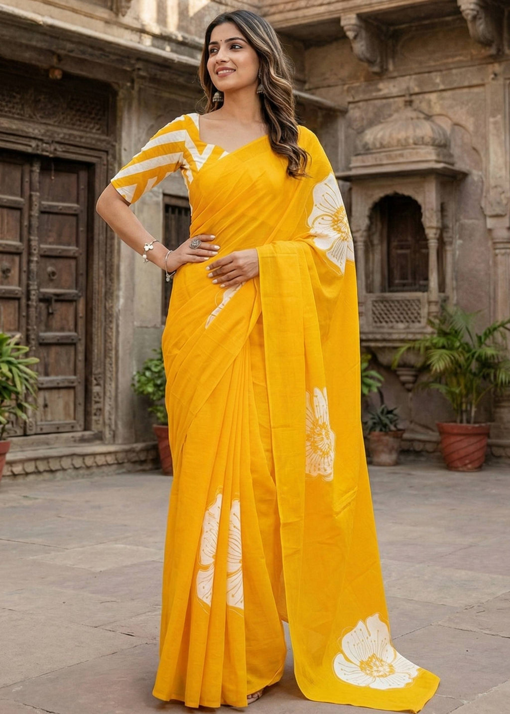 PURE MULMUL COTTON HAND BLOCK PRINT FLOWER TEST YELLOW SAREE WITH BLOUSE