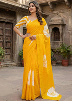 PURE MULMUL COTTON HAND BLOCK PRINT FLOWER TEST YELLOW SAREE WITH BLOUSE