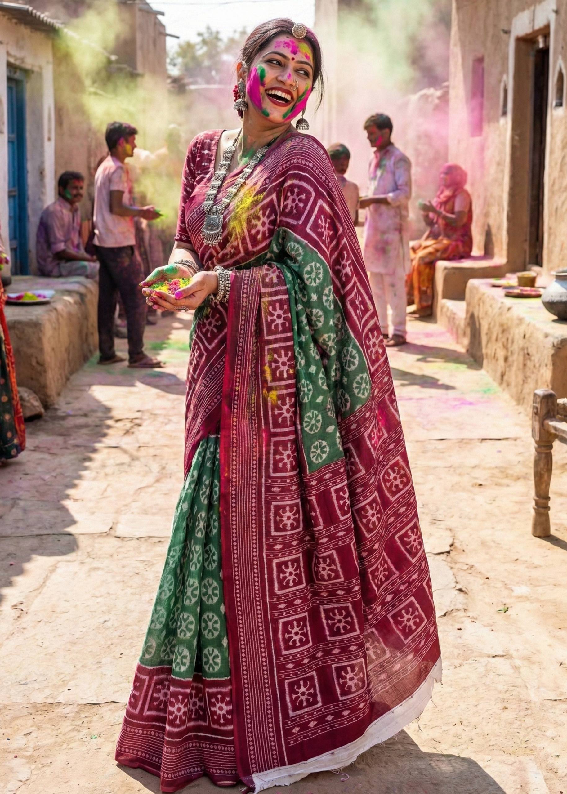 PURE MULMUL COTTON IKKAT PRINT GREEN SAREE WITH BLOUSE