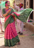 PURE MULMUL COTTON IKKAT PRINT GREEN PINK SAREE WITH BLOUSE