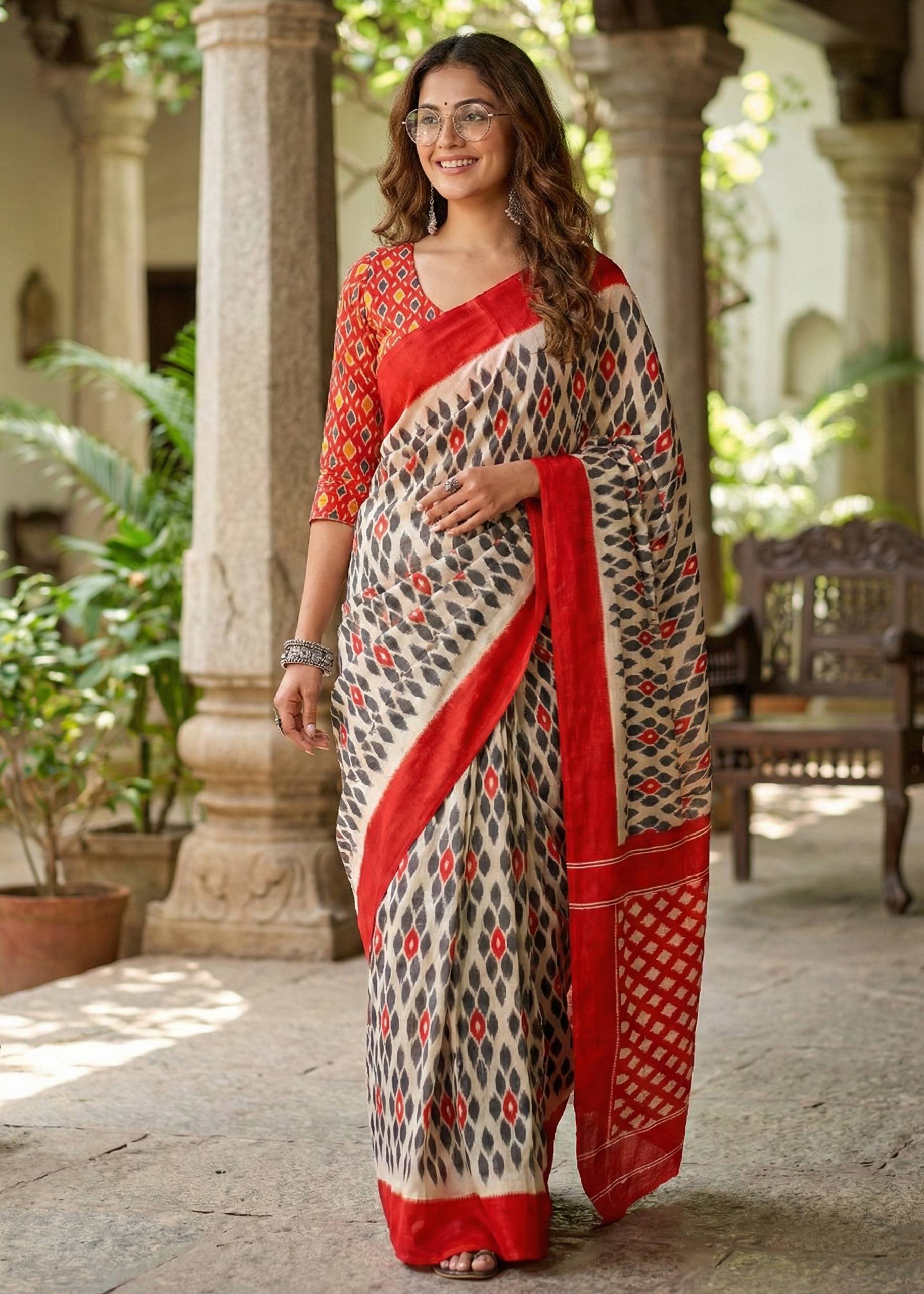 PURE MULMUL COTTON IKKAT PRINT SAREE WITH BLOUSE