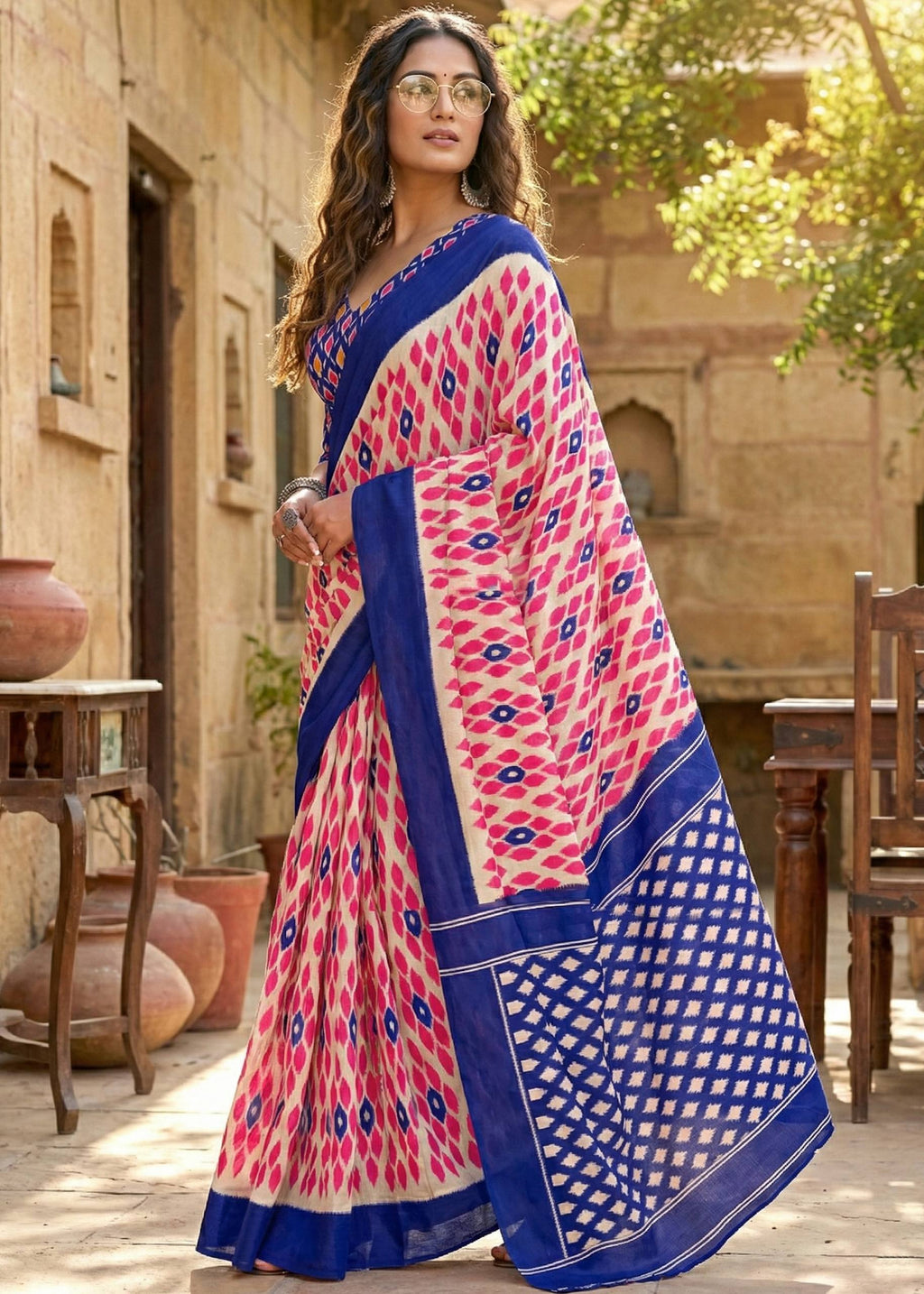 PURE MULMUL COTTON IKKAT PRINT BLUE SAREE WITH BLOUSE