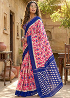 PURE MULMUL COTTON IKKAT PRINT BLUE SAREE WITH BLOUSE