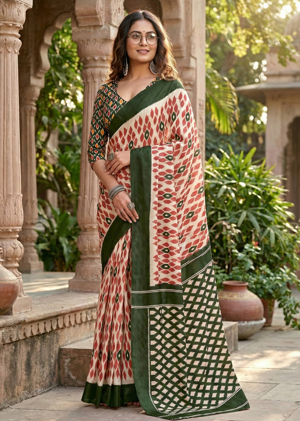 PURE MULMUL COTTON IKKAT PRINT GREEN SAREE WITH BLOUSE