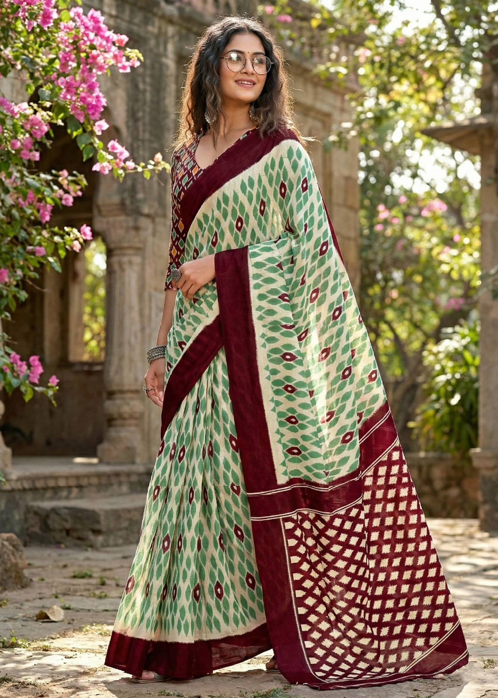 PURE MULMUL COTTON IKKAT PRINT MAROON SAREE WITH BLOUSE