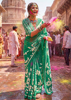 PURE MULMUL COTTON FLORAL BLOCK PRINTE GREEN SAREE WITH BLOUSE
