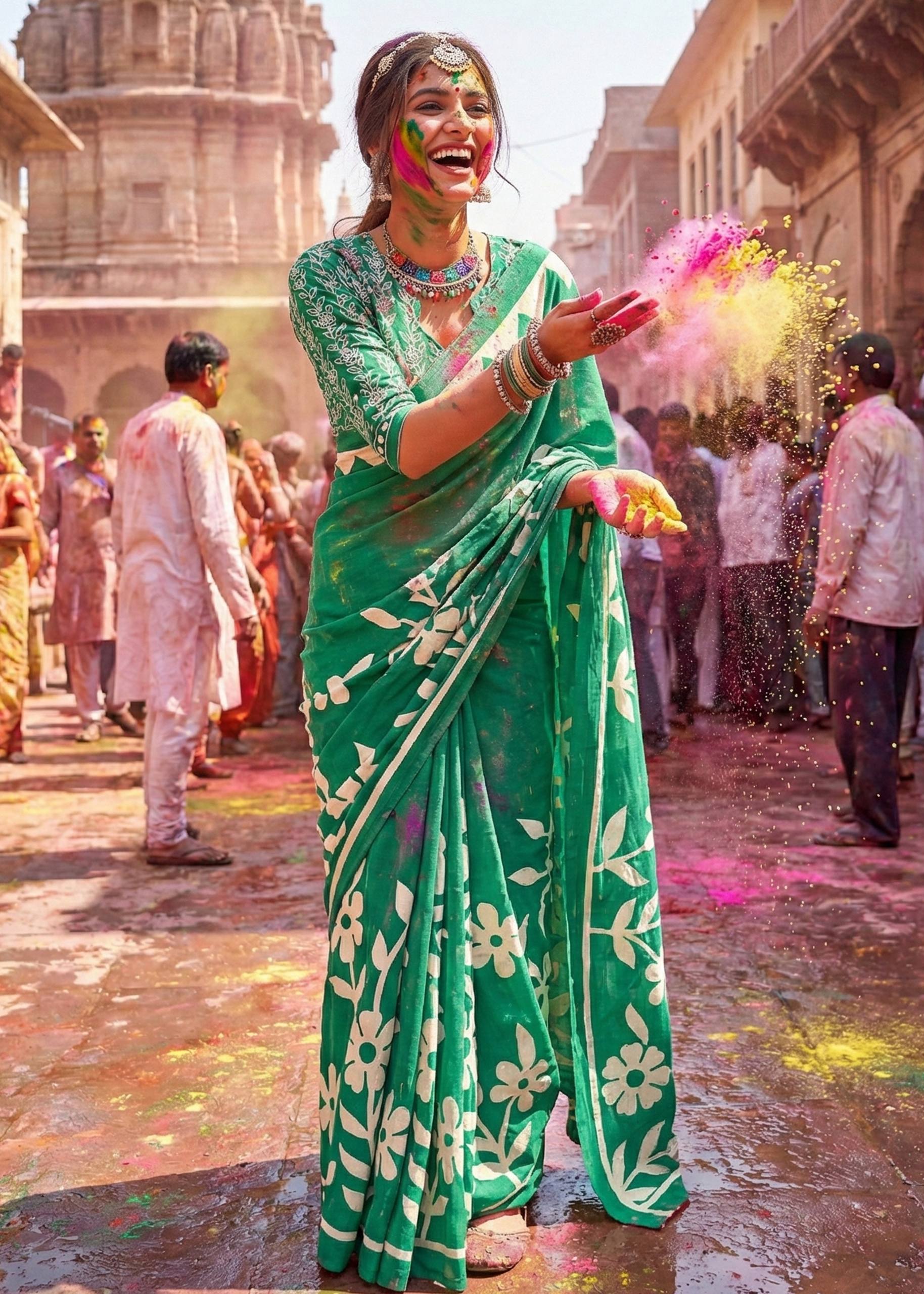 PURE MULMUL COTTON FLORAL BLOCK PRINTE GREEN SAREE WITH BLOUSE