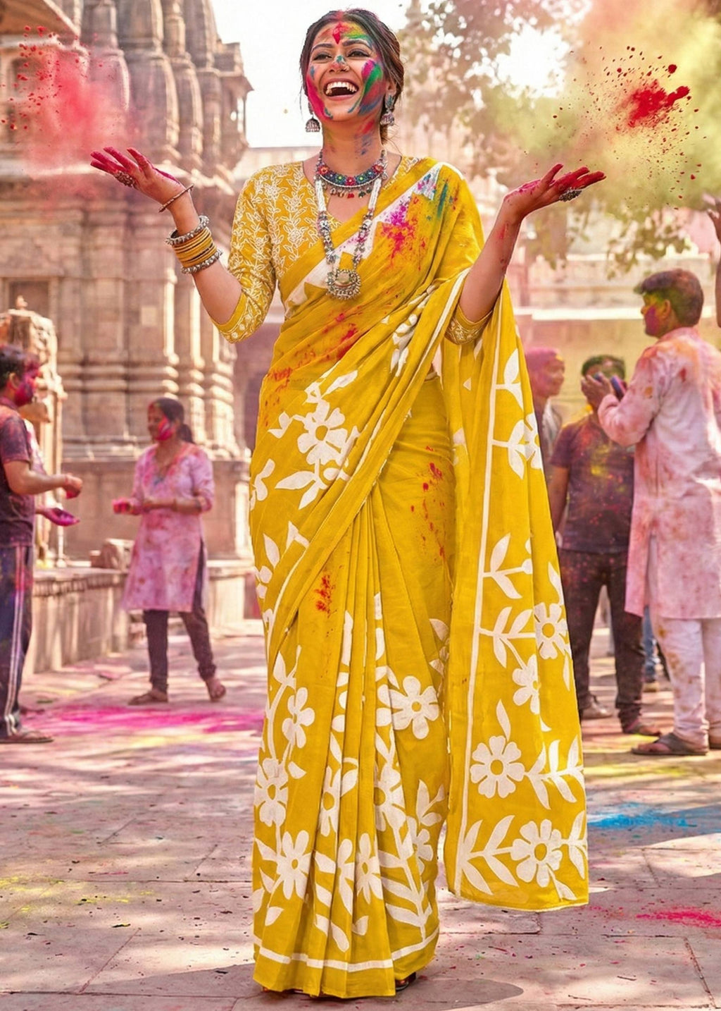PURE MULMUL COTTON FLORAL BLOCK PRINTE YELLOW SAREE WITH BLOUSE