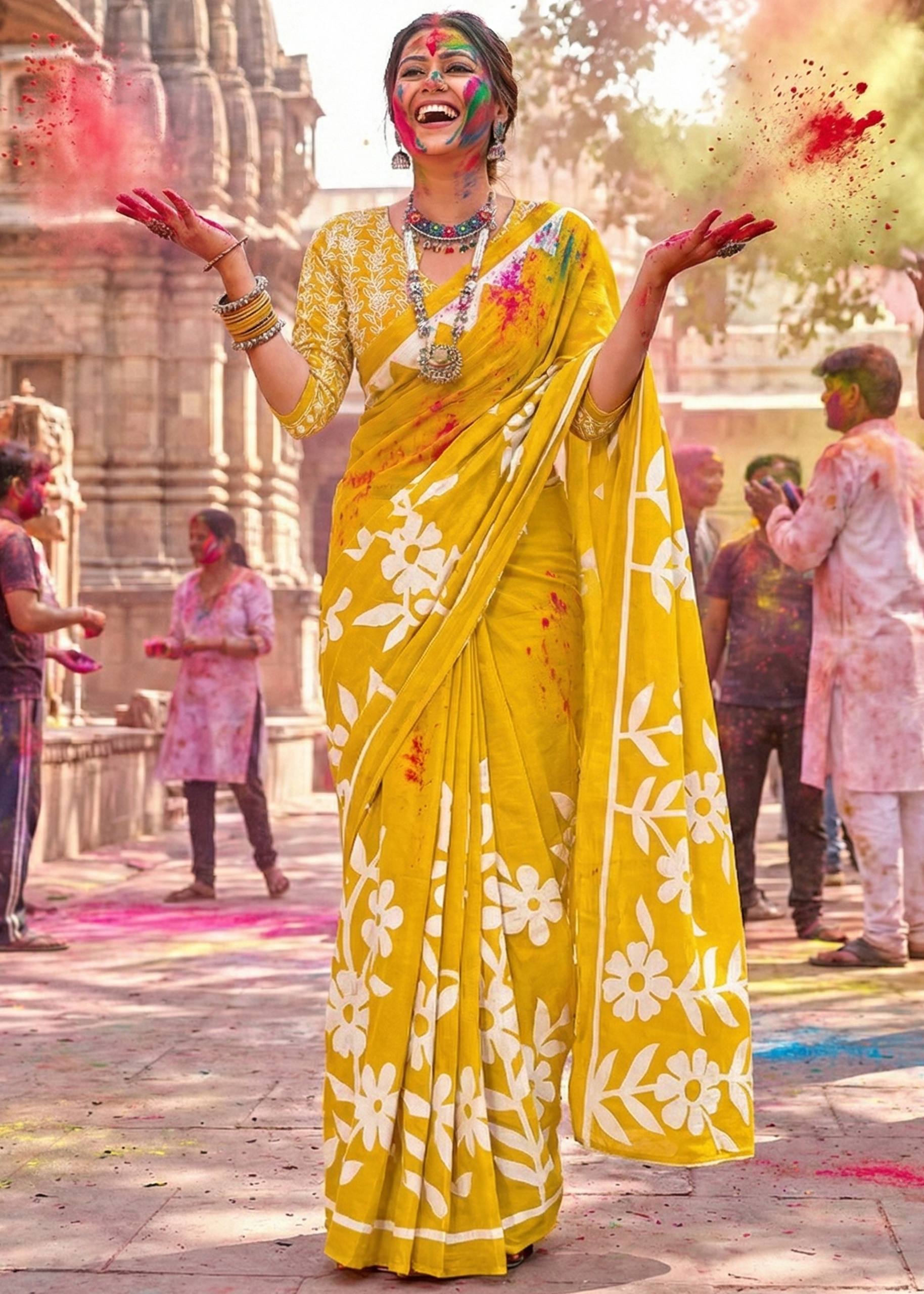 PURE MULMUL COTTON FLORAL BLOCK PRINTE YELLOW SAREE WITH BLOUSE
