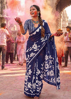 PURE MULMUL COTTON FLORAL BLOCK PRINTE BLUE SAREE WITH BLOUSE