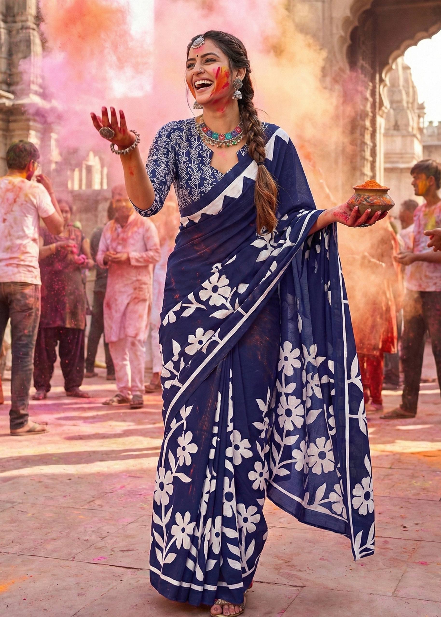 PURE MULMUL COTTON FLORAL BLOCK PRINTE BLUE SAREE WITH BLOUSE