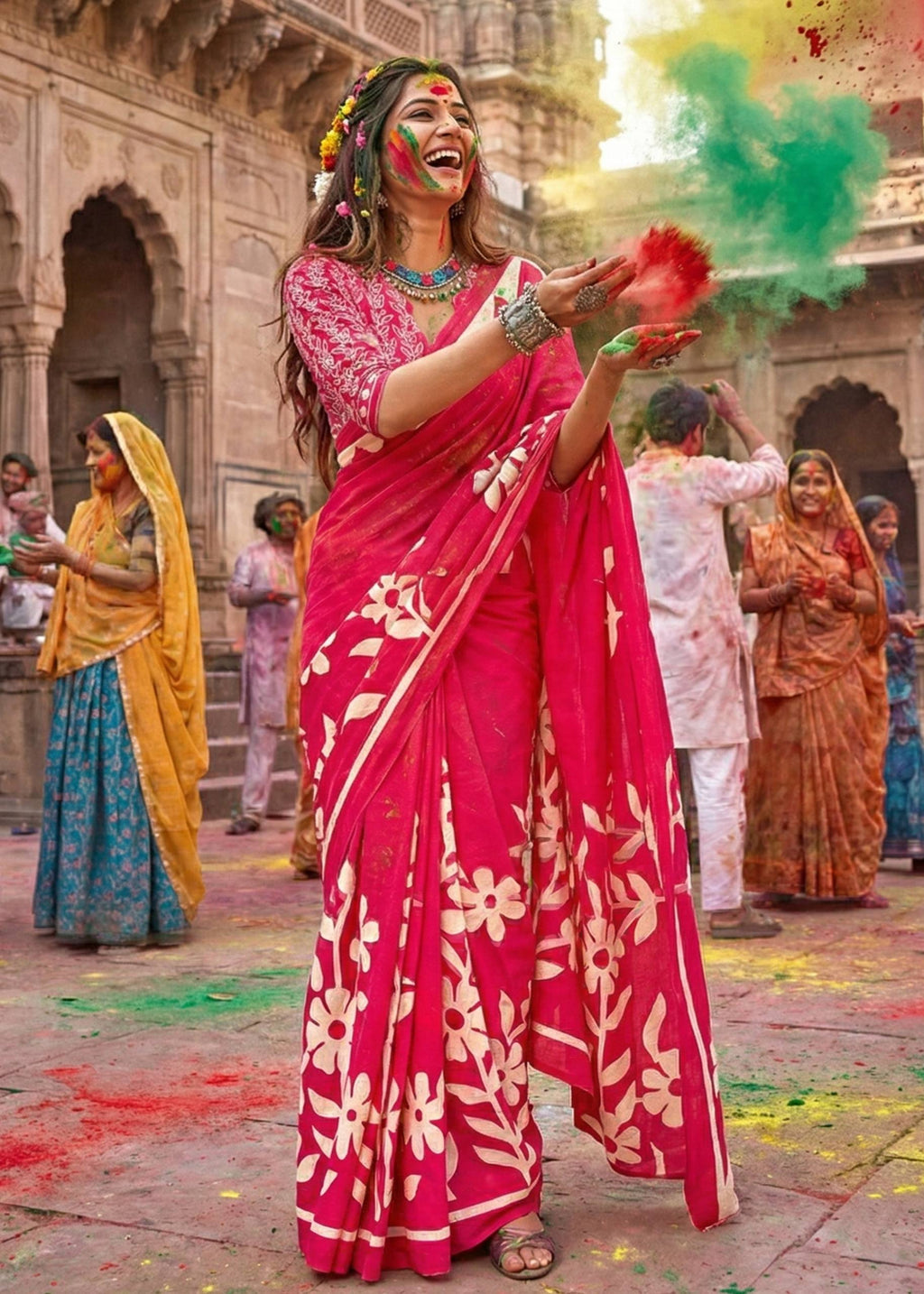 PURE MULMUL COTTON FLORAL BLOCK PRINTE PINK SAREE WITH BLOUSE