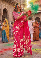 PURE MULMUL COTTON FLORAL BLOCK PRINTE PINK SAREE WITH BLOUSE
