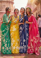 PURE MULMUL COTTON FLORAL BLOCK PRINTE YELLOW SAREE WITH BLOUSE