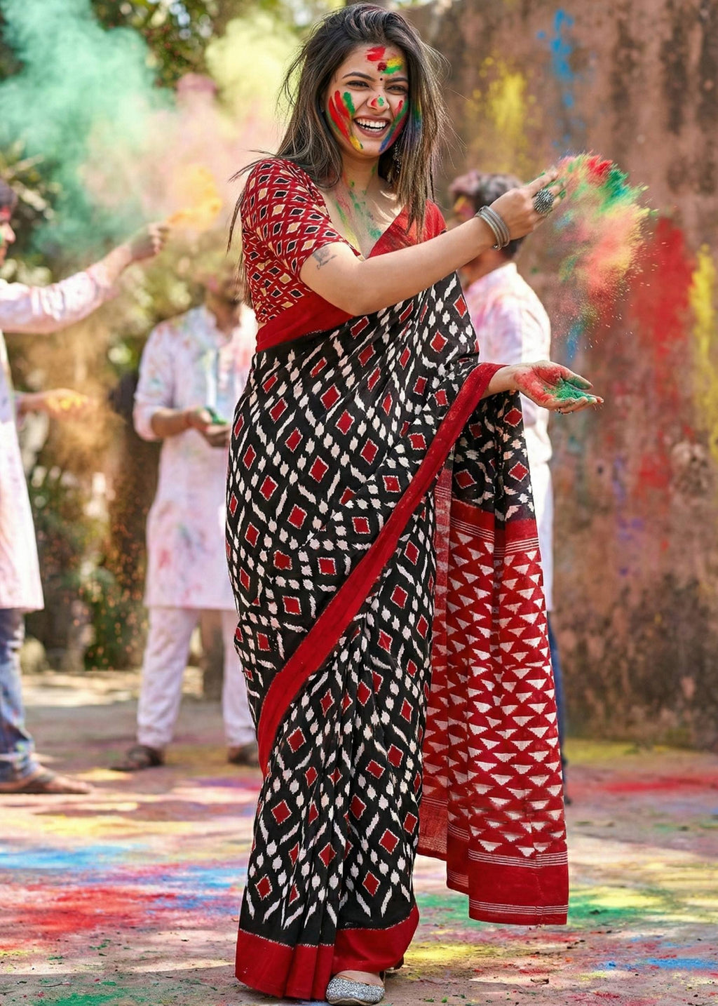 PURE MULMUL COTTON IKKAT PRINT BLACK SAREE WITH BLOUSE