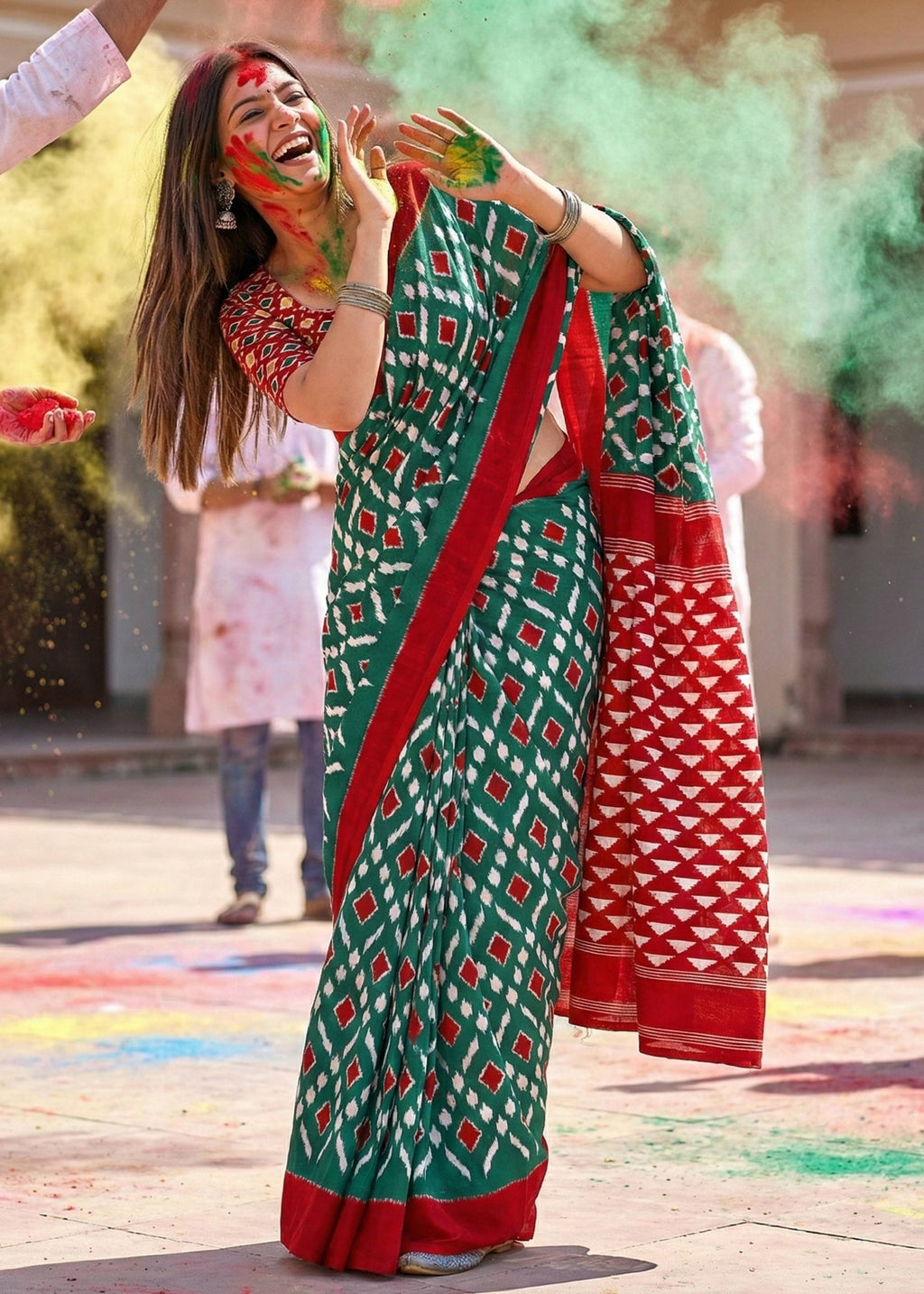 PURE MULMUL COTTON IKKAT PRINT GREEN SAREE WITH BLOUSE