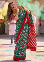 PURE MULMUL COTTON IKKAT PRINT GREEN SAREE WITH BLOUSE