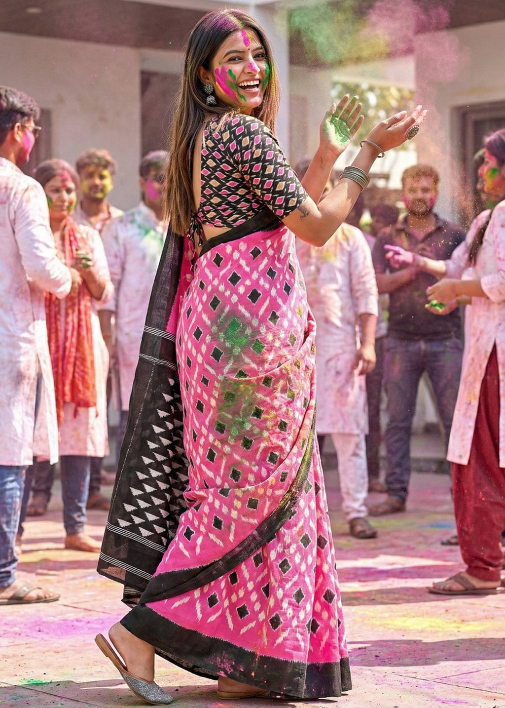 PURE MULMUL COTTON IKKAT PRINT PINK SAREE WITH BLOUSE
