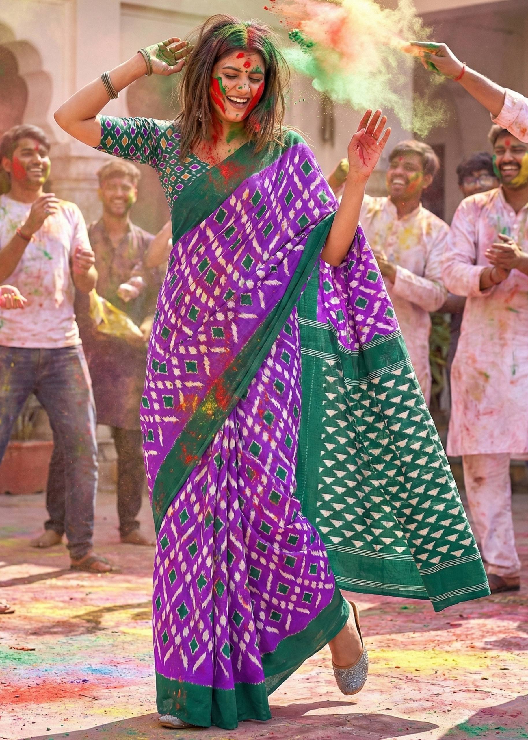 PURE MULMUL COTTON IKKAT PRINT PURPLE SAREE WITH BLOUSE