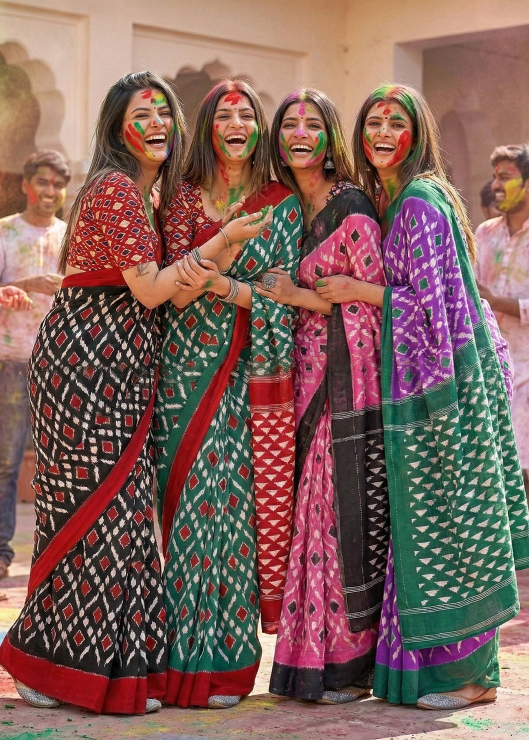 PURE MULMUL COTTON IKKAT PRINT GREEN SAREE WITH BLOUSE