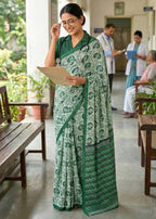 PURE MULMUL COTTON BAGRU PRINT GREEN SAREE WITH BLOUSE