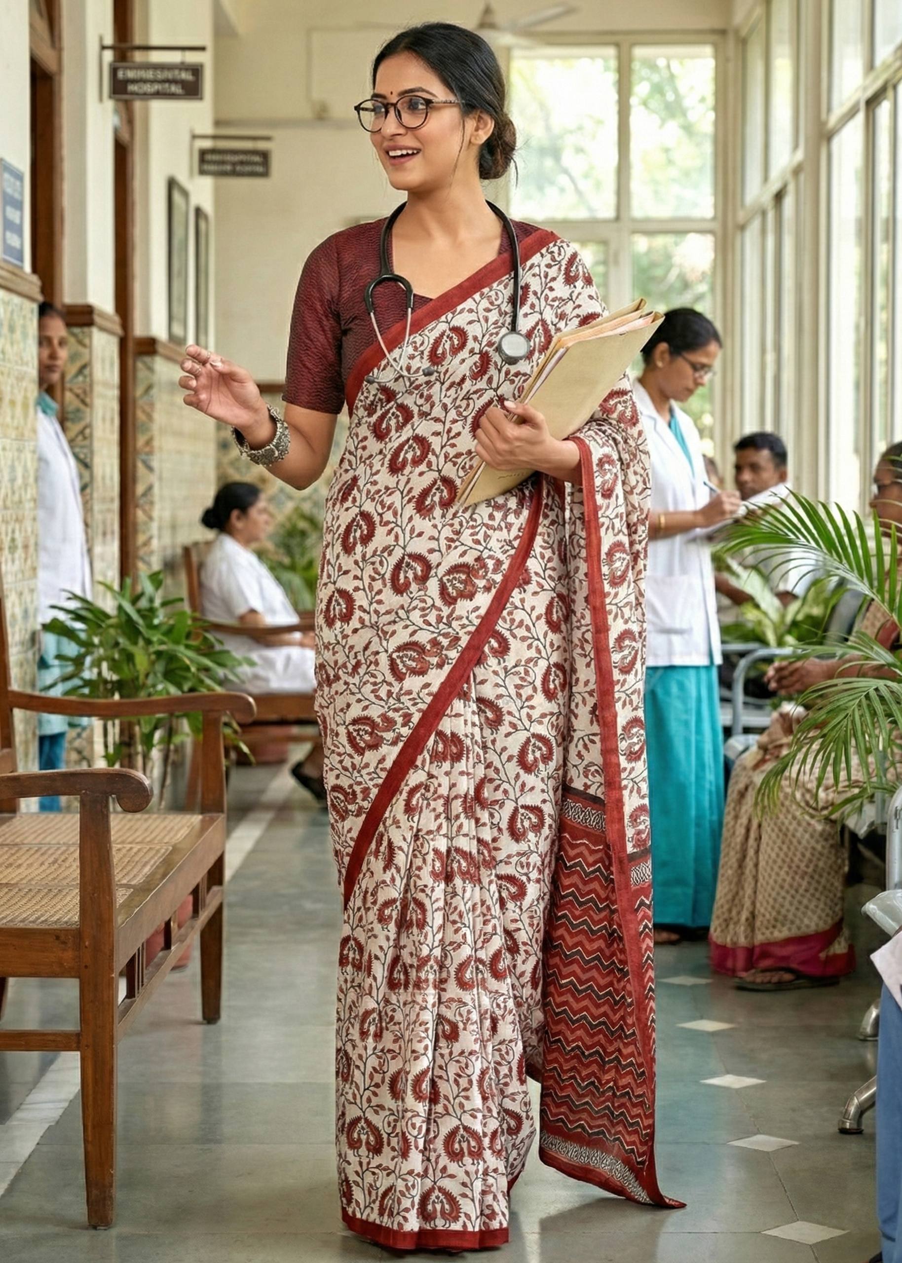 PURE MULMUL COTTON BAGRU PRINT MAROON SAREE WITH BLOUSE