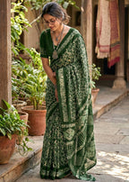 PURE MULMUL COTTON BATIK PRINT GREEN SAREE WITH BLOUSE