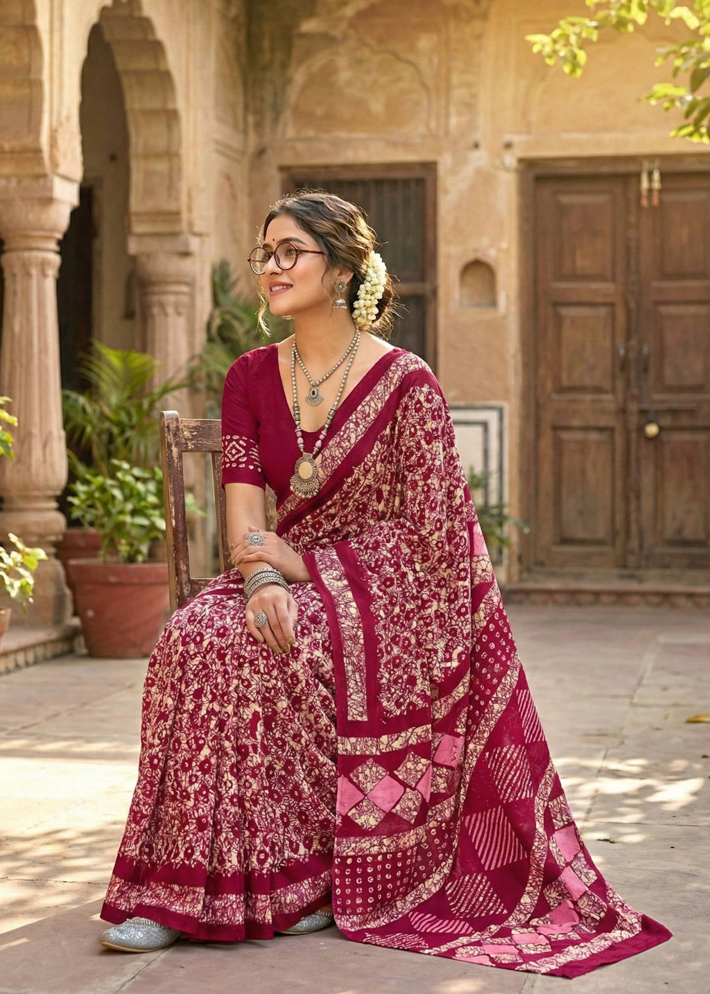 PURE MULMUL COTTON BATIK PRINT MAROON SAREE WITH BLOUSE