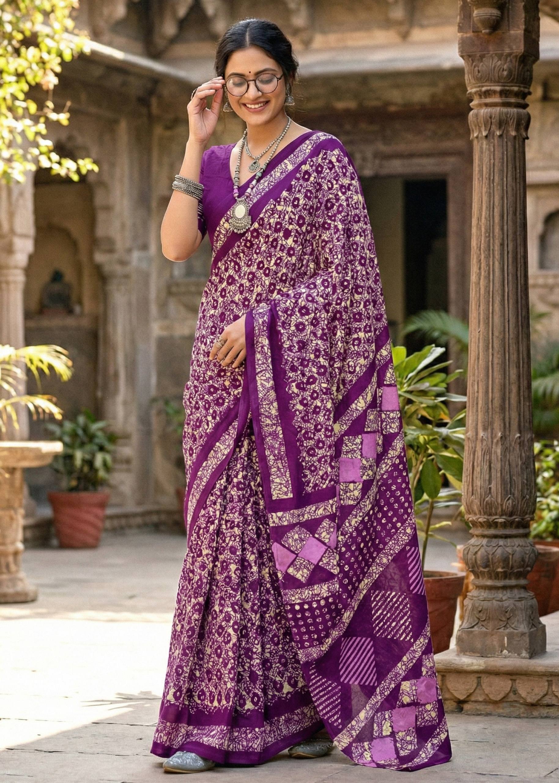 PURE MULMUL COTTON BATIK PRINT PURPLE SAREE WITH BLOUSE