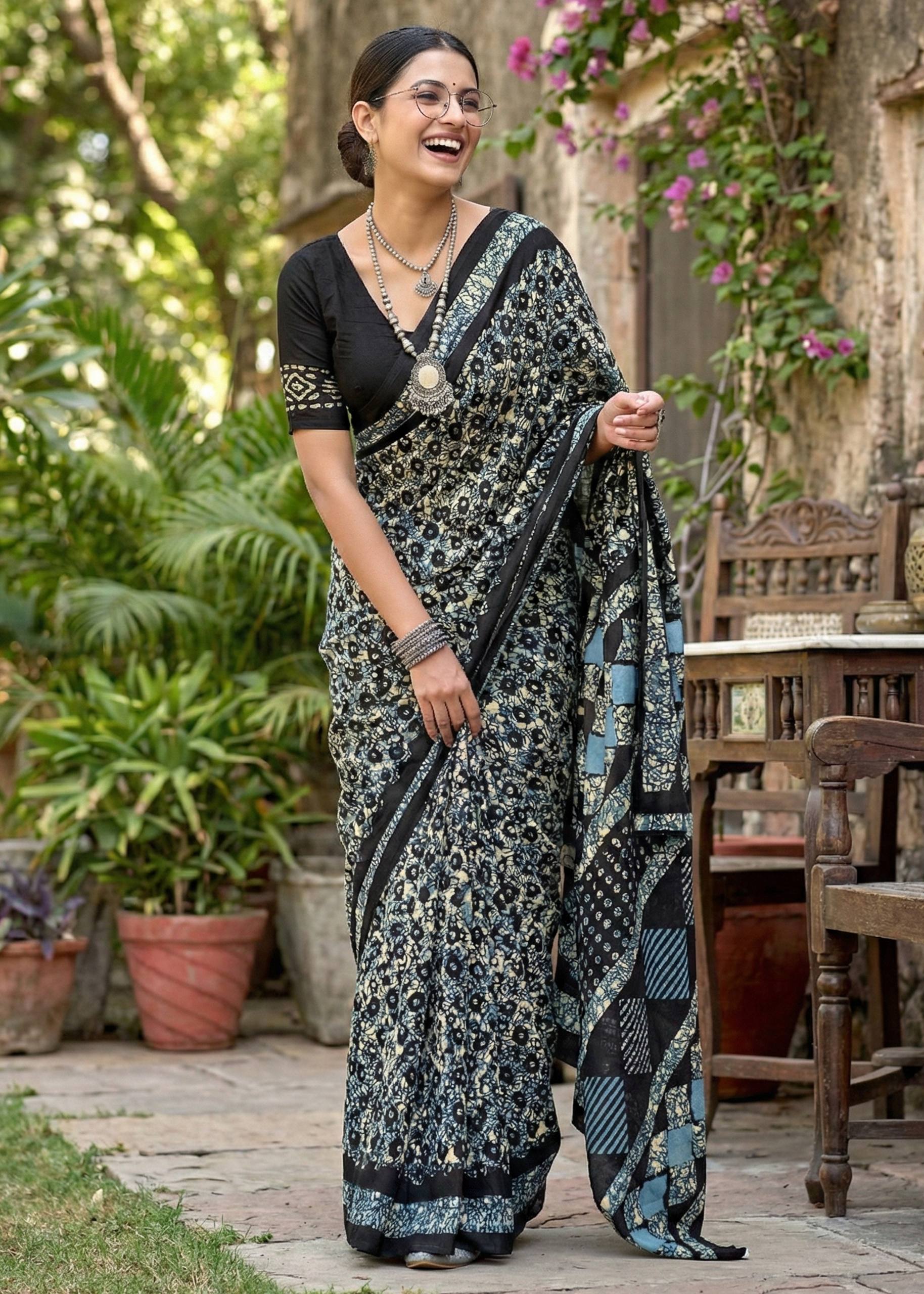 PURE MULMUL COTTON BATIK PRINT BLACK SAREE WITH BLOUSE
