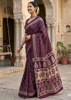 PURE MULMUL COTTON HAND BANDHANI AJRAKH BLOCK PRINT PURPLE SAREE WITH BLOUSE