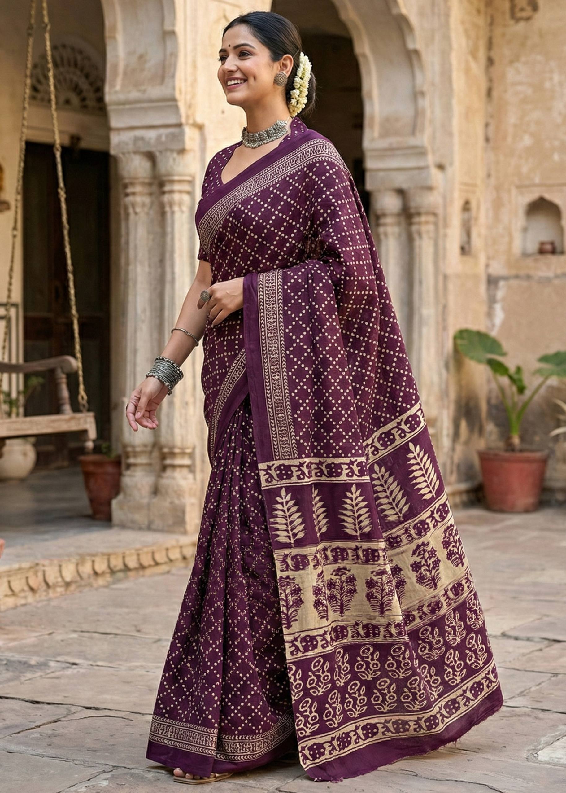 PURE MULMUL COTTON HAND BANDHANI AJRAKH BLOCK PRINT PURPLE SAREE WITH BLOUSE