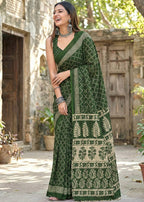 PURE MULMUL COTTON HAND BANDHANI AJRAKH BLOCK PRINT GREEN SAREE WITH BLOUSE