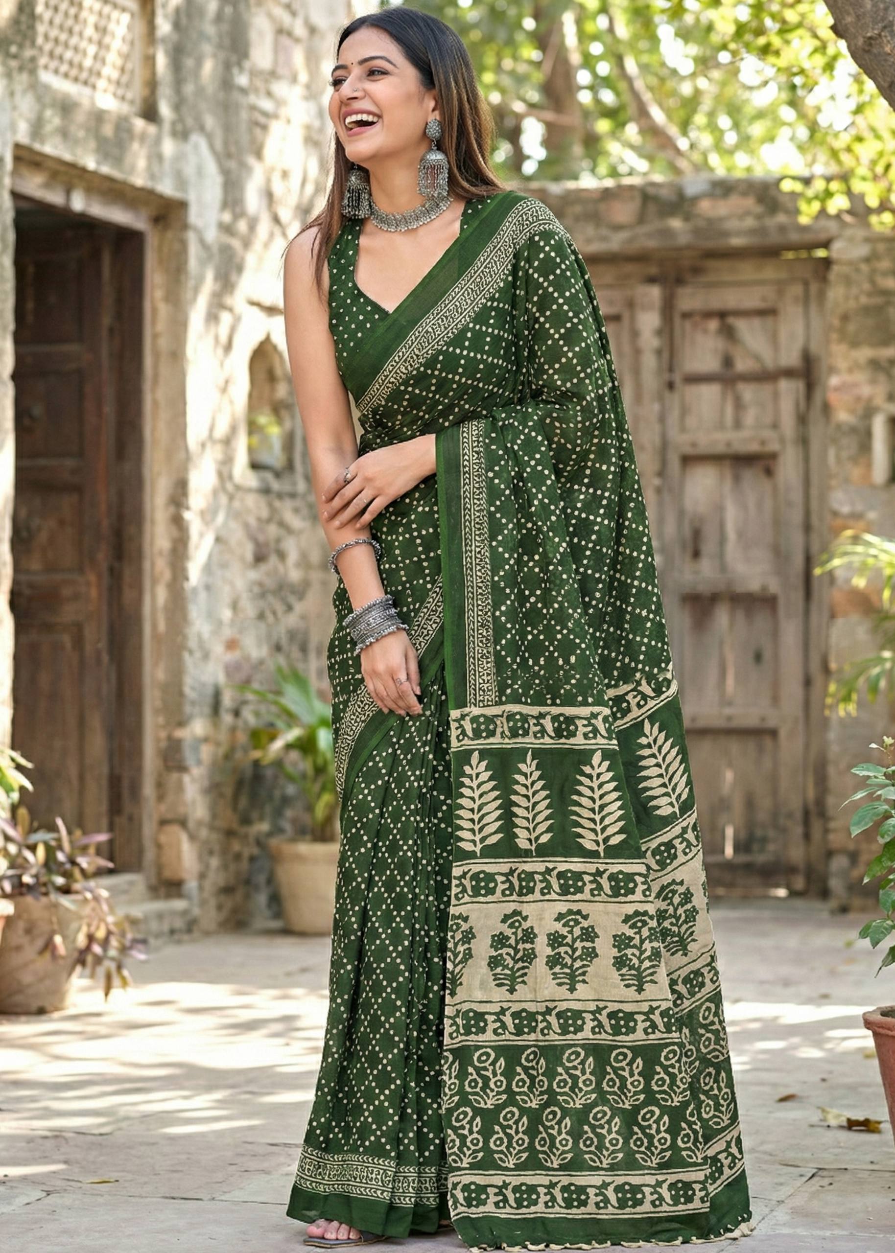 PURE MULMUL COTTON HAND BANDHANI AJRAKH BLOCK PRINT GREEN SAREE WITH BLOUSE