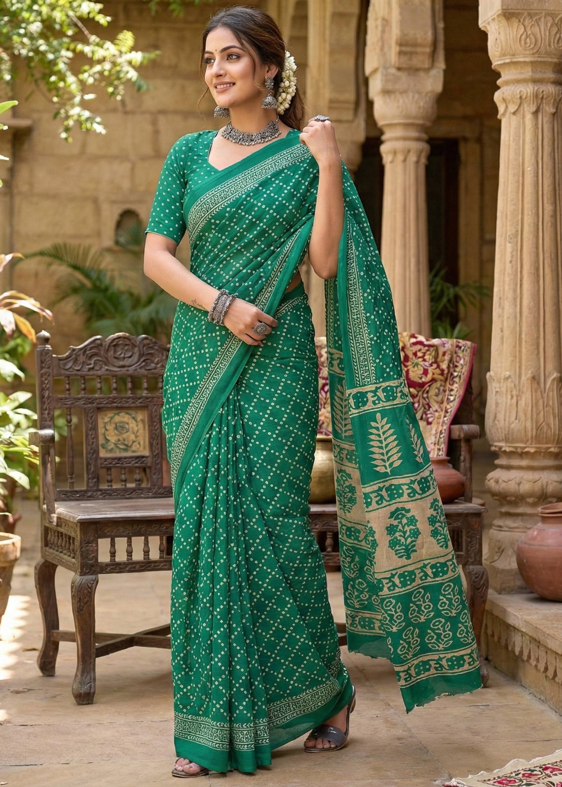 PURE MULMUL COTTON HAND BANDHANI AJRAKH BLOCK PRINT MINT GREEN SAREE WITH BLOUSE