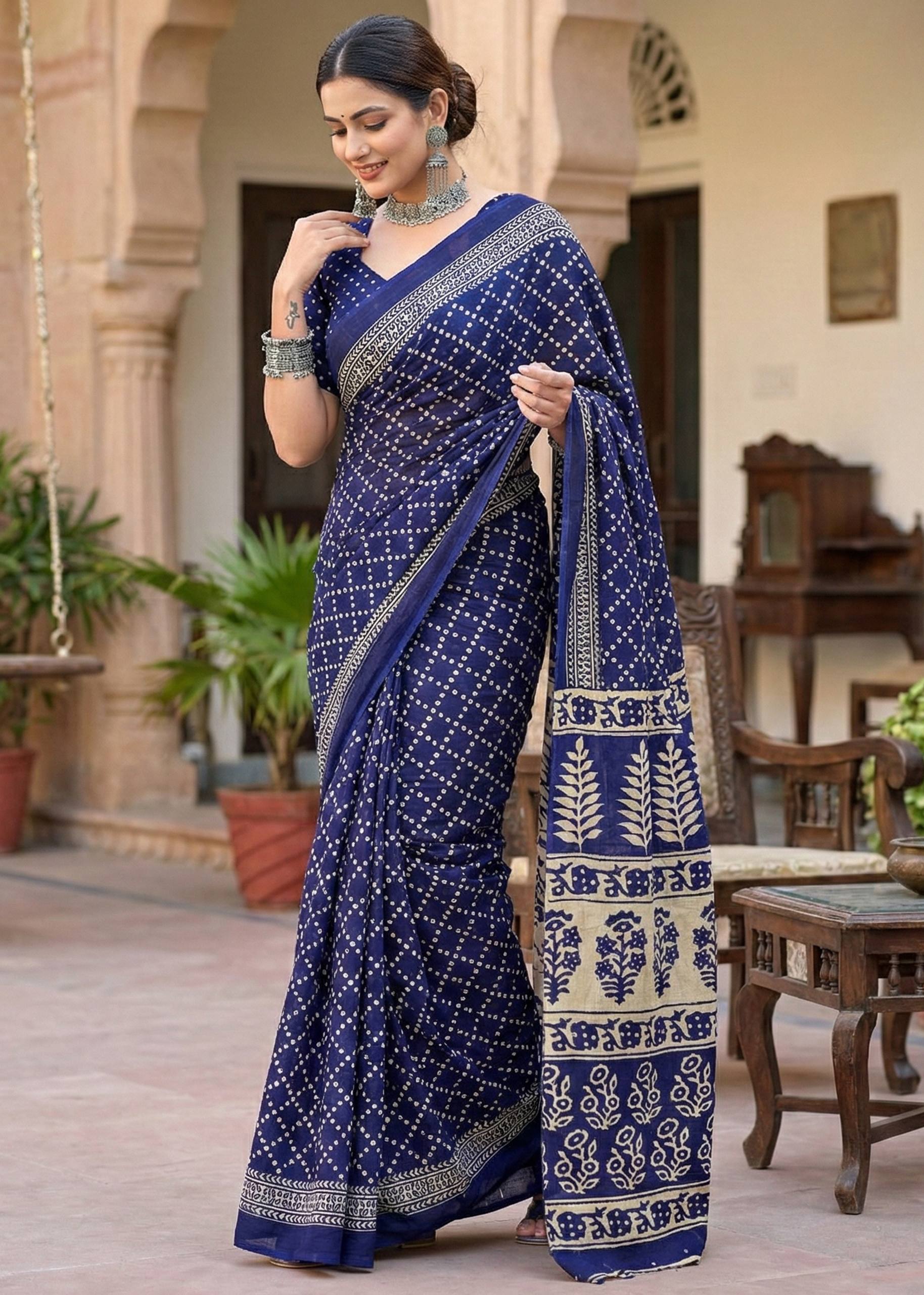 PURE MULMUL COTTON HAND BANDHANI AJRAKH BLOCK PRINT BLUE SAREE WITH BLOUSE