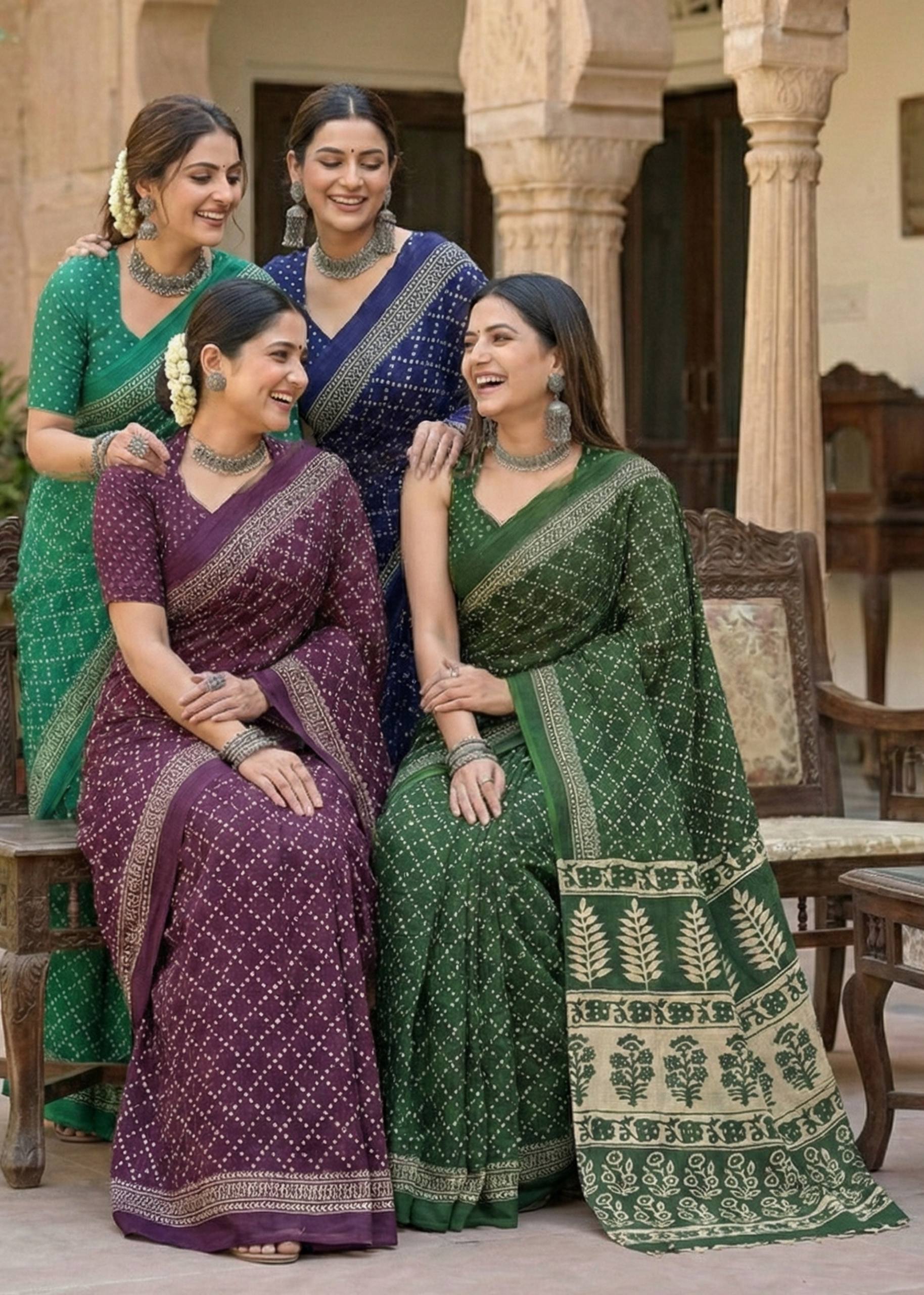 PURE MULMUL COTTON HAND BANDHANI AJRAKH BLOCK PRINT GREEN SAREE WITH BLOUSE