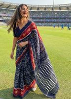 PURE MULMUL COTTON IKKAT HAND BLOCK PRINT NEVY BLUE SAREE WITH BLOUSE