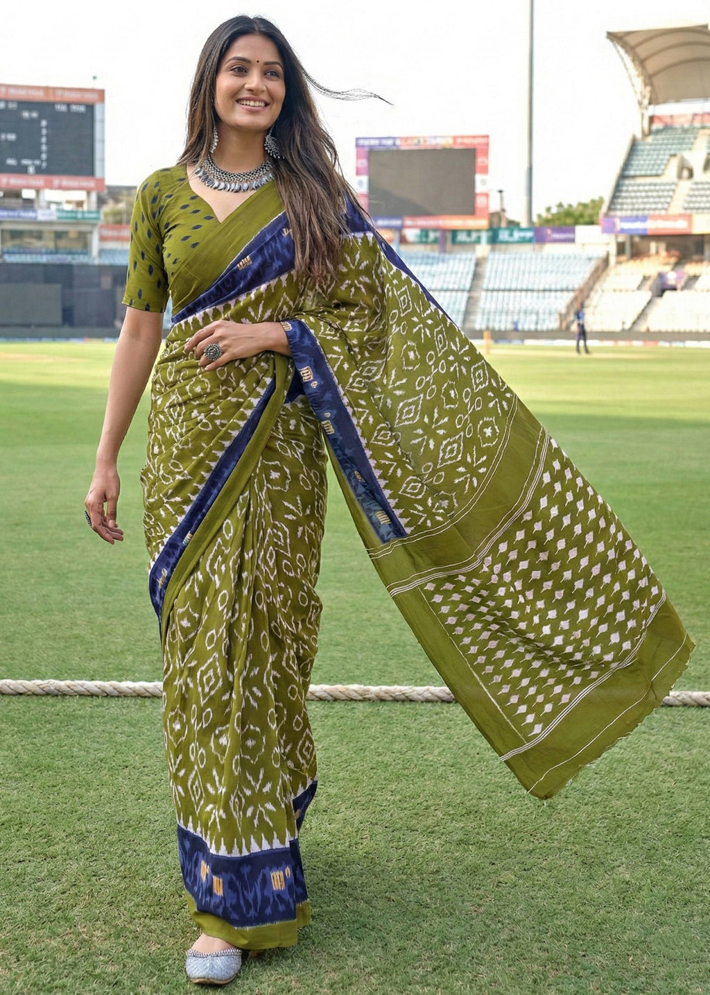 PURE MULMUL COTTON IKKAT HAND BLOCK PRINT MEHANDI GREEN SAREE WITH BLOUSE