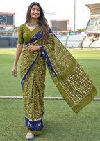 PURE MULMUL COTTON IKKAT HAND BLOCK PRINT MEHANDI GREEN SAREE WITH BLOUSE
